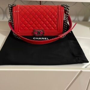 Authentic Chanel Boy Old Medium Red Patent Leather